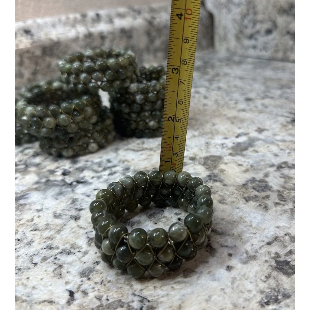 Coastal Sea Green Marbled Stone Bead Gold Wire Napkin Rings Set of 8